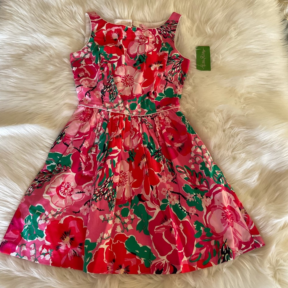 Lilly Pulitzer Pink Floral Fit-and-Flare Mini Dress with Green Accents